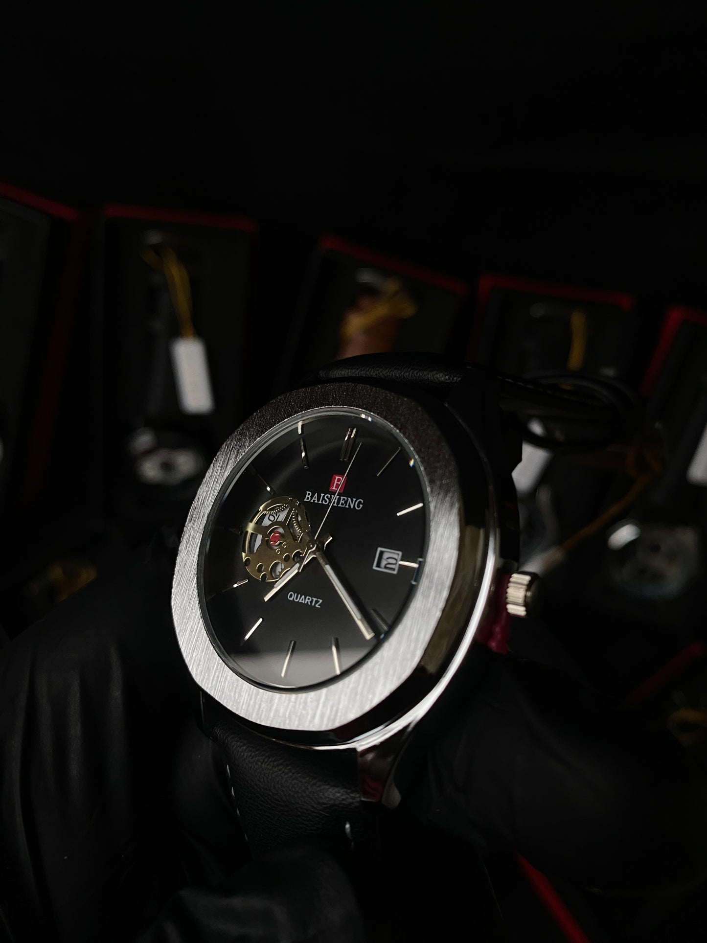 Baisheng Silver Case • Black Dial • Open‑Heart Analog Watch