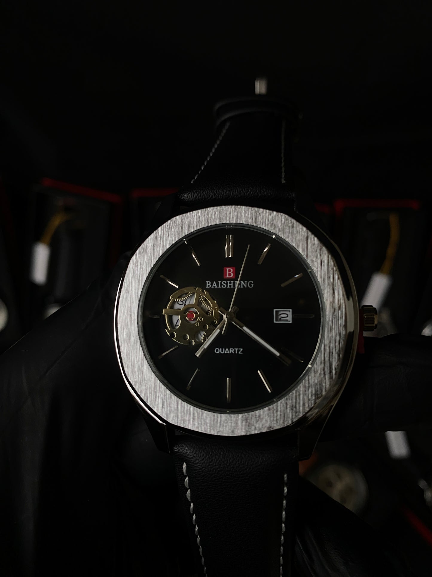 Baisheng Silver Case • Black Dial • Open‑Heart Analog Watch