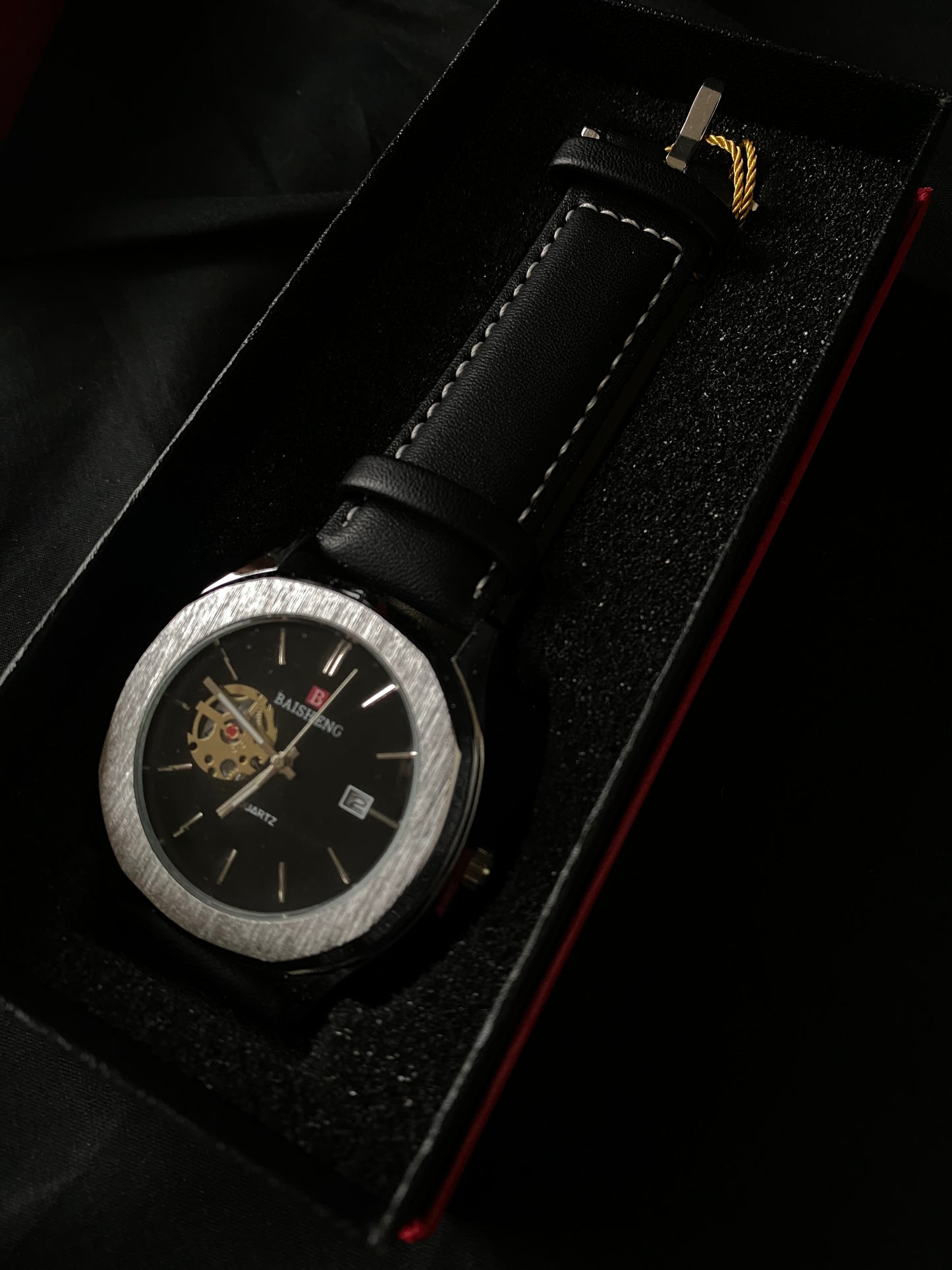 Baisheng Silver Case • Black Dial • Open‑Heart Analog Watch