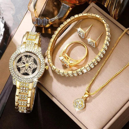 Snowflake Pattern Watch Luxury Full Rhinestone Jewelry Five-piece Set - 50% Off