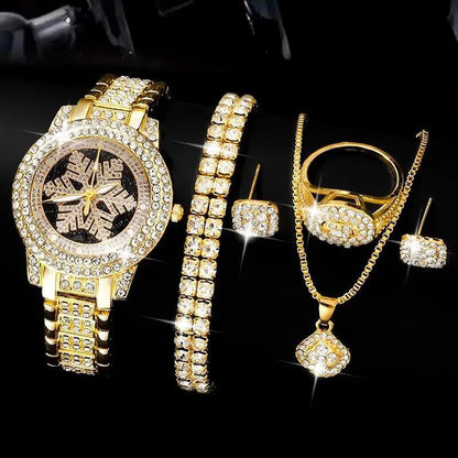Snowflake Pattern Watch Luxury Full Rhinestone Jewelry Five-piece Set - 50% Off