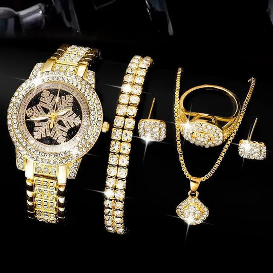 Snowflake Pattern Watch Luxury Full Rhinestone Jewelry Five-piece Set - 50% Off